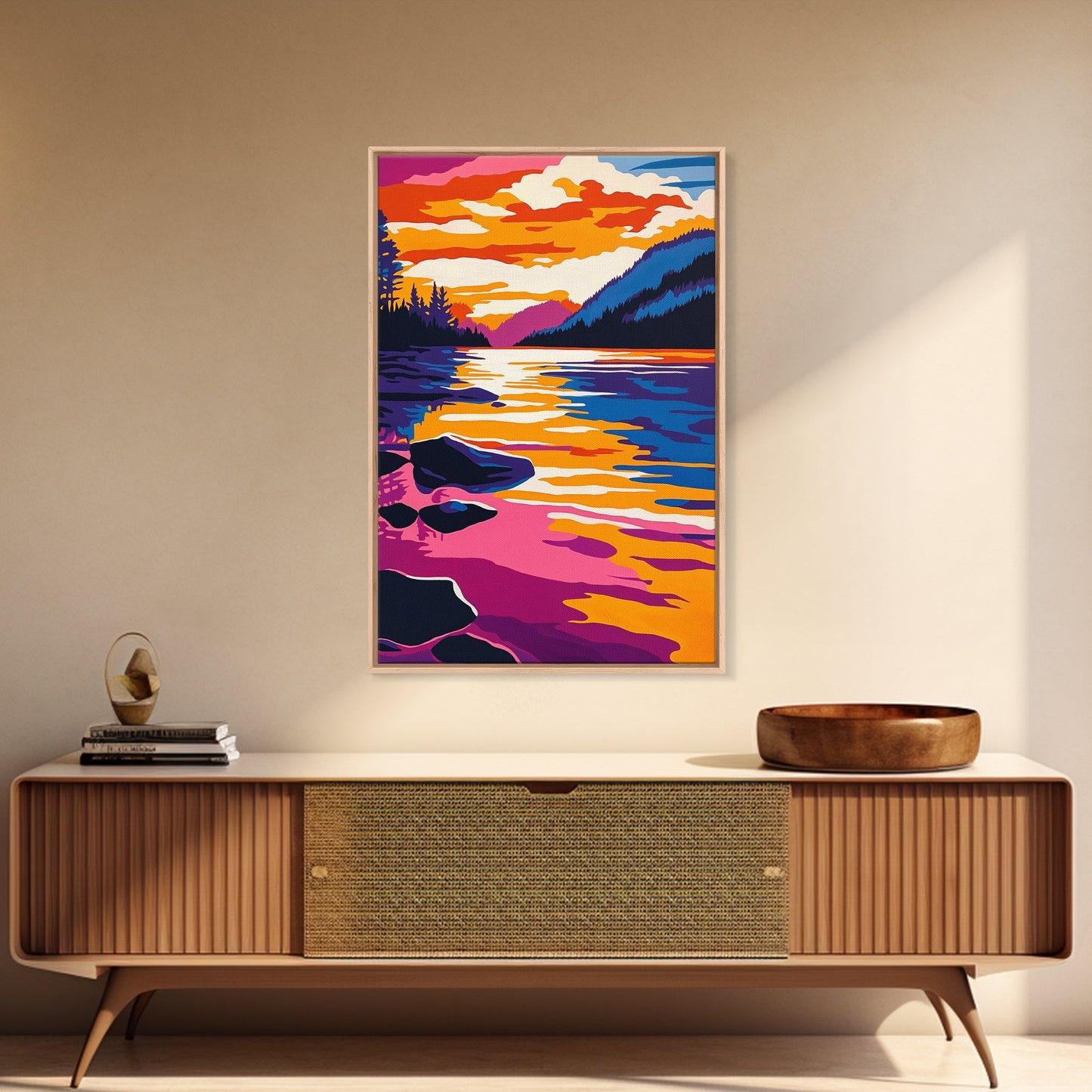 Lake, Reflective Sunset, Tranquil Nature, Canvas Print, Serene Landscape, Home Wall Art, Mountain View Decor, Living Room Artwork