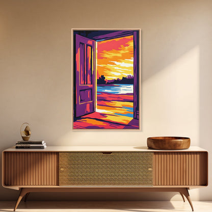 Offene Tür, Sonnenuntergangsmotiv, Gemälde mit warmem Licht, Einladende Wohndekoration, Inspirierende Wandkunst, Gemütliche Inneneinrichtung, Gerahmter Leinwanddruck