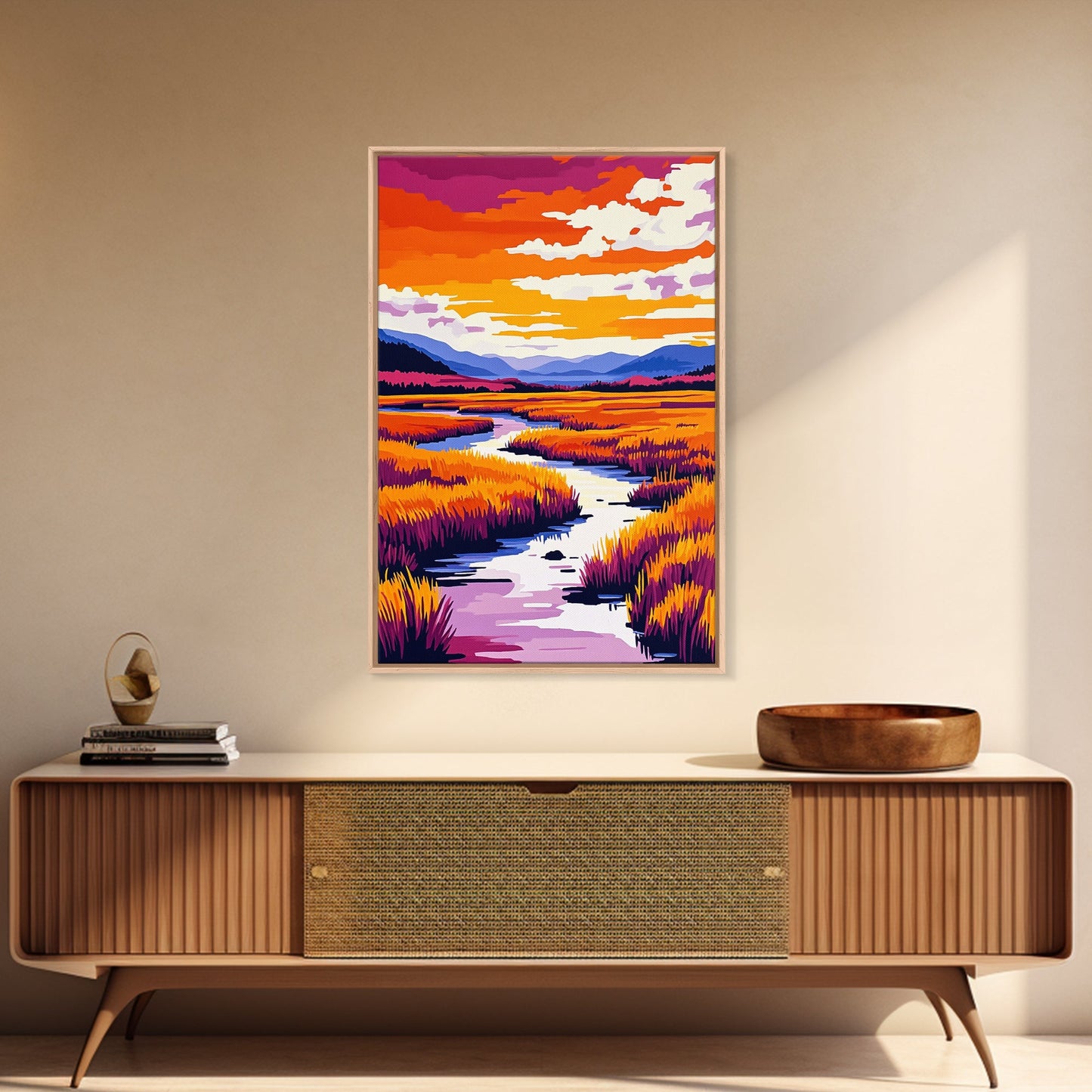River Landscape Painting, Autumn Wall Art, Nature Inspired Print, Warm Color Palette, Framed Canvas Print, Cozy Living Room Decor