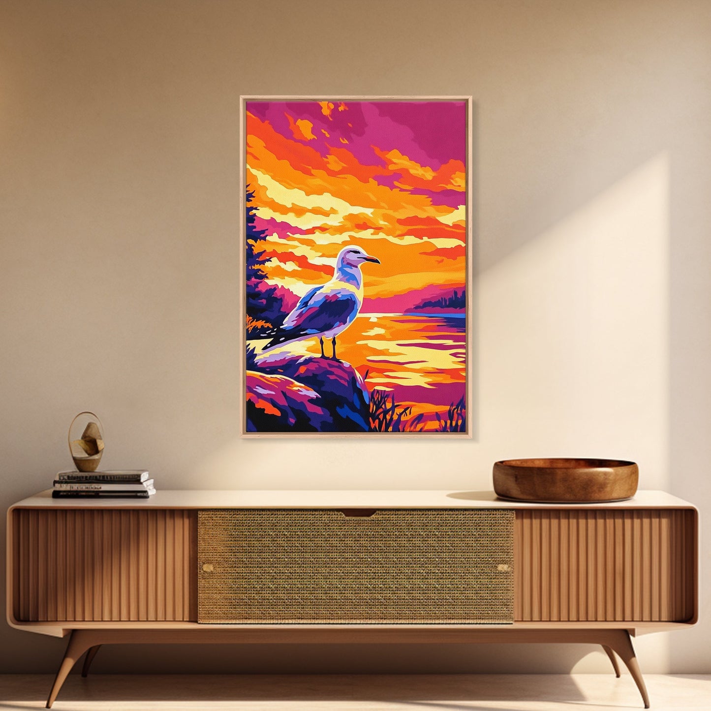 Seagull Sunset Art, Coastal Bird Painting, Ocean Landscape Print, Beach House Wall Decor, Framed Canvas Print, Nautical Bedroom Artwork