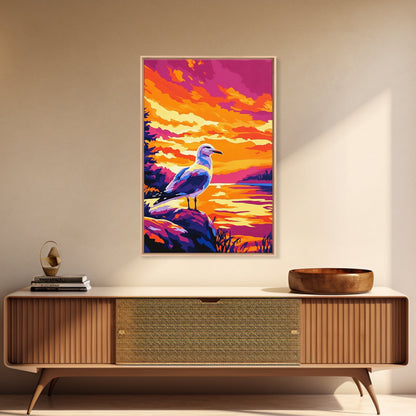 Seagull Sunset Art, Coastal Bird Painting, Ocean Landscape Print, Beach House Wall Decor, Framed Canvas Print, Nautical Bedroom Artwork