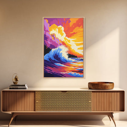 Powerful Ocean Wave, Surfing Wall Art, Vibrant Sunset Seascape, Coastal Home Decor, Framed Canvas Print, Beach House Living Room Art