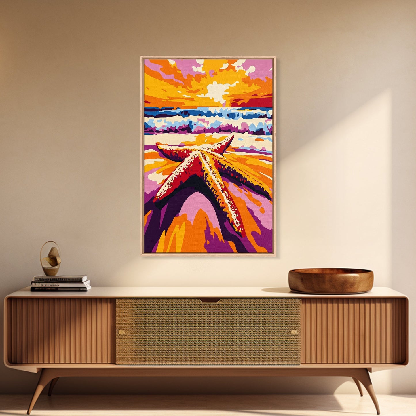 Starfish Beach, Ocean Sunset, Coastal Decor, Framed Canvas Print, Nautical Wall Art, Beach House Decor, Vibrant Painting, Summer Vibes