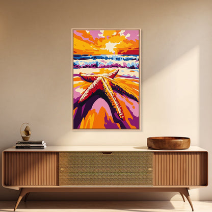 Starfish Beach, Ocean Sunset, Coastal Decor, Framed Canvas Print, Nautical Wall Art, Beach House Decor, Vibrant Painting, Summer Vibes