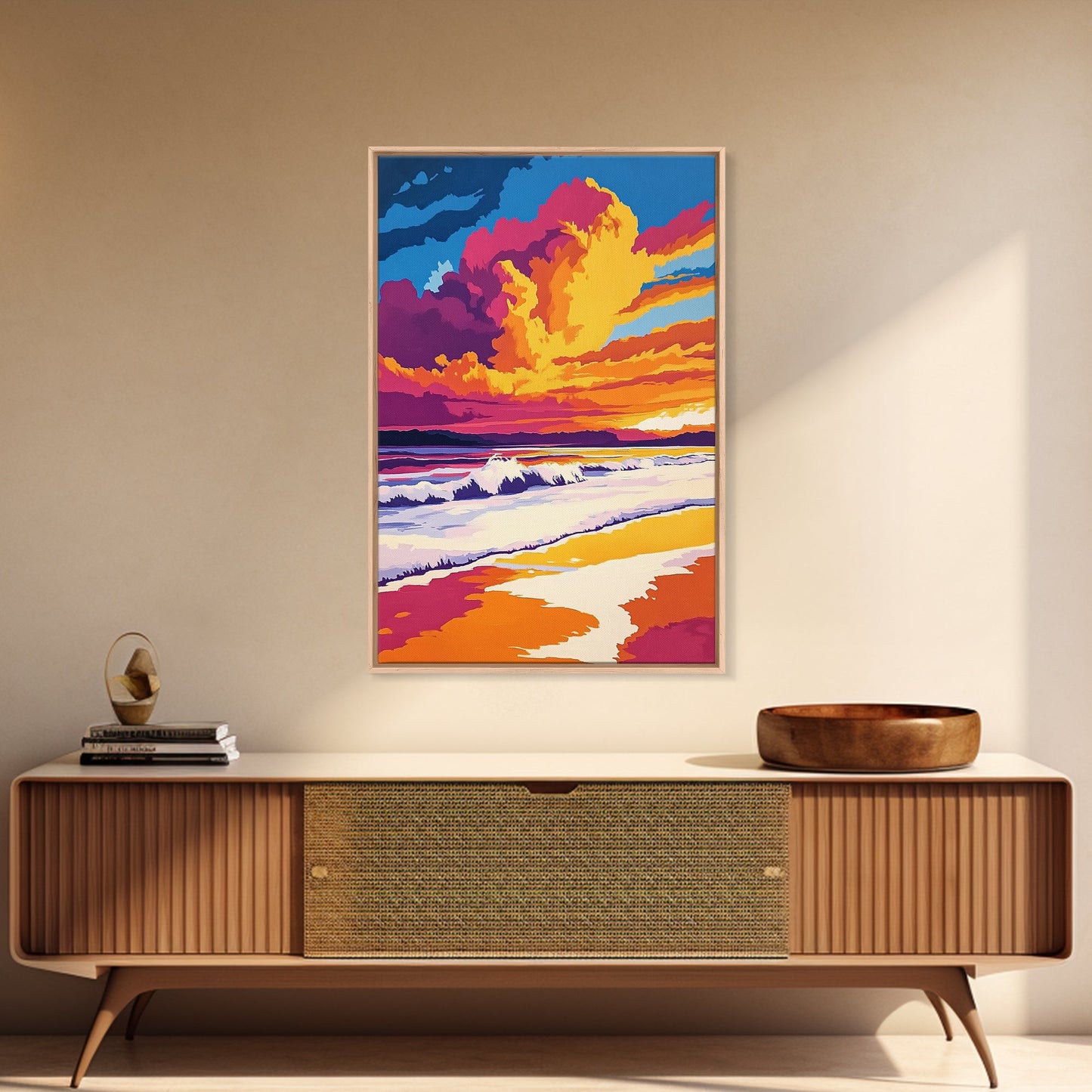 Beach Sunset, Vibrant Waves, Ocean Wall Art, Coastal Decor, Framed Canvas Print, Tropical Art, Living Room Art, Summer Aesthetic