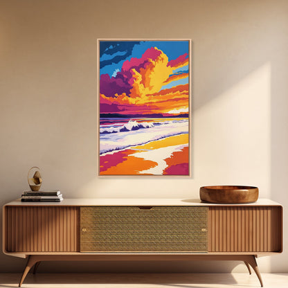 Beach Sunset, Vibrant Waves, Ocean Wall Art, Coastal Decor, Framed Canvas Print, Tropical Art, Living Room Art, Summer Aesthetic