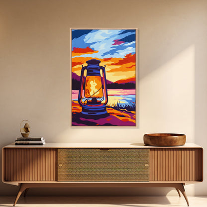 Lantern Glow, Rustic Camping Art, Warm Night Scene, Sunset Painting, Framed Canvas Print, Cabin Wall Art, Nature Decor, Outdoor Aesthetic