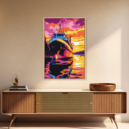 Sunset Boat Art, Nautical Wall Art, Ocean Sunset Painting, Coastal Decor, Vibrant Boat Scene, Framed Canvas Print, Living Room Art