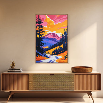 Mountain View Art, Nature Painting, Colorful Scenic Decor, Alpine Sunset, Wilderness Print, Framed Canvas Print, Office Wall Art