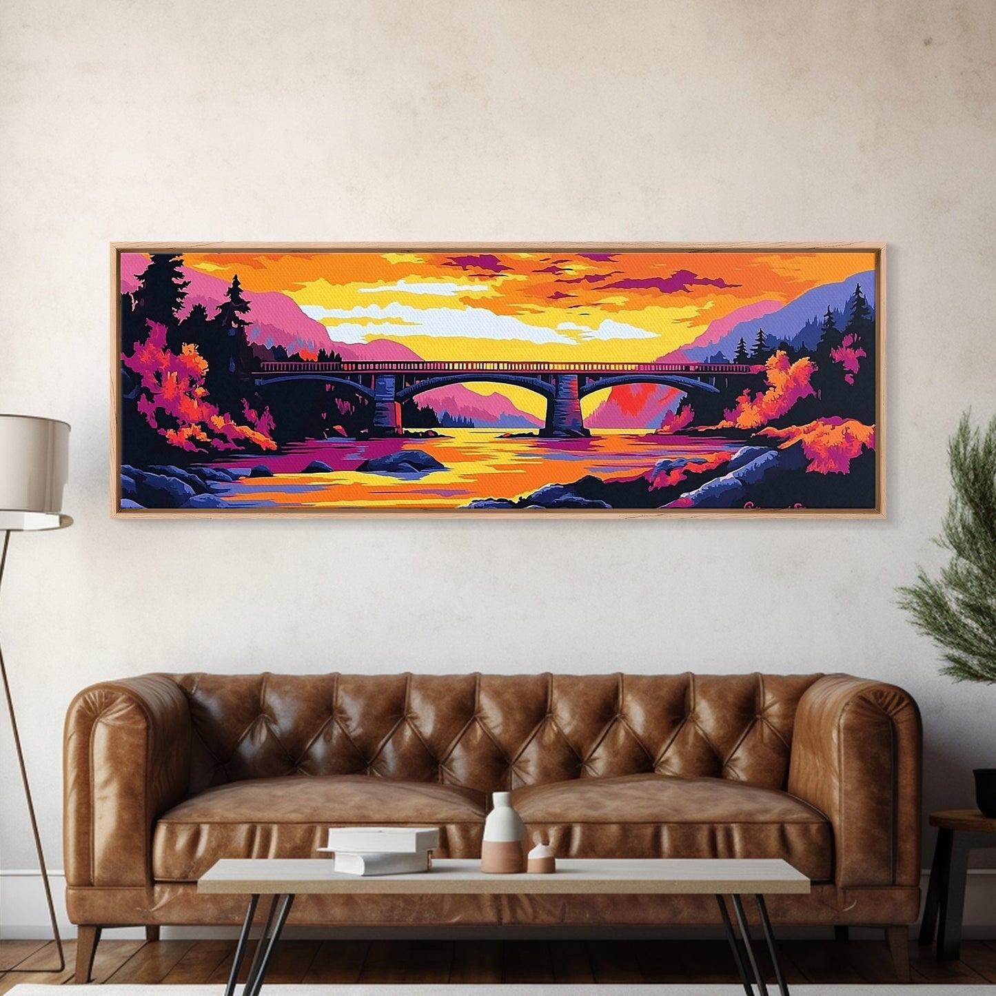 Stone Bridge, River Sunset, Autumn Art, Nature Scene, Living Room Wall Art, Colorful Home Decor, Canvas Print, Modern Landscape