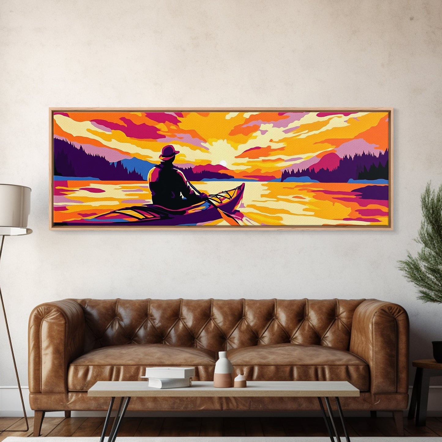 Kayak Adventure, Scenic Lake, Outdoor Wall Art, Sunset Reflections, Bold Landscape, Nature Escape, Vibrant Colors, Canvas Print