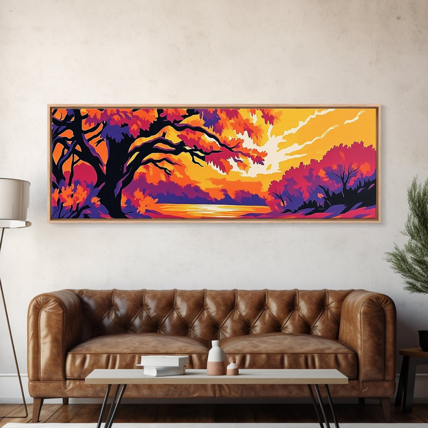Autumn Tree, Sunset Landscape, Framed Canvas Print, Vibrant Wall Art, Fall Home Decor, Boho Art, Living Room Artwork, Nature Painting