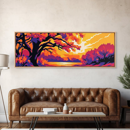 Autumn Tree, Sunset Landscape, Framed Canvas Print, Vibrant Wall Art, Fall Home Decor, Boho Art, Living Room Artwork, Nature Painting