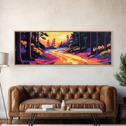 Forest Path, Scenic River, Golden Sunset, Framed Canvas Print, Rustic Home Decor, Nature Landscape Art, Cozy Cabin Decor, Fall Aesthetic