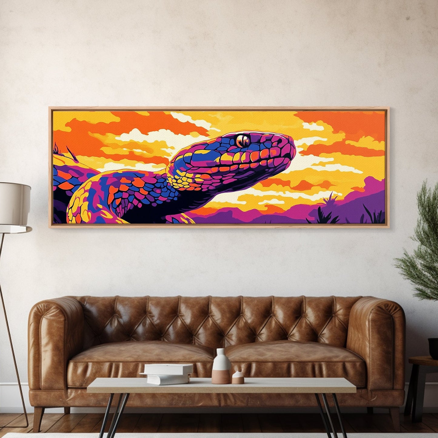 Vibrant Snake, Sunset Wildlife, Colorful Reptile, Nature Art, Framed Canvas Print, Boho Home Decor, Living Room Wall Art, Wildlife Gift