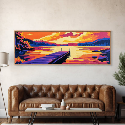 Sunset Lake, vibrant landscape, nature wall art, modern decor, colorful painting, Living Room Wall Art, Canvas Print, Framed Canvas Print