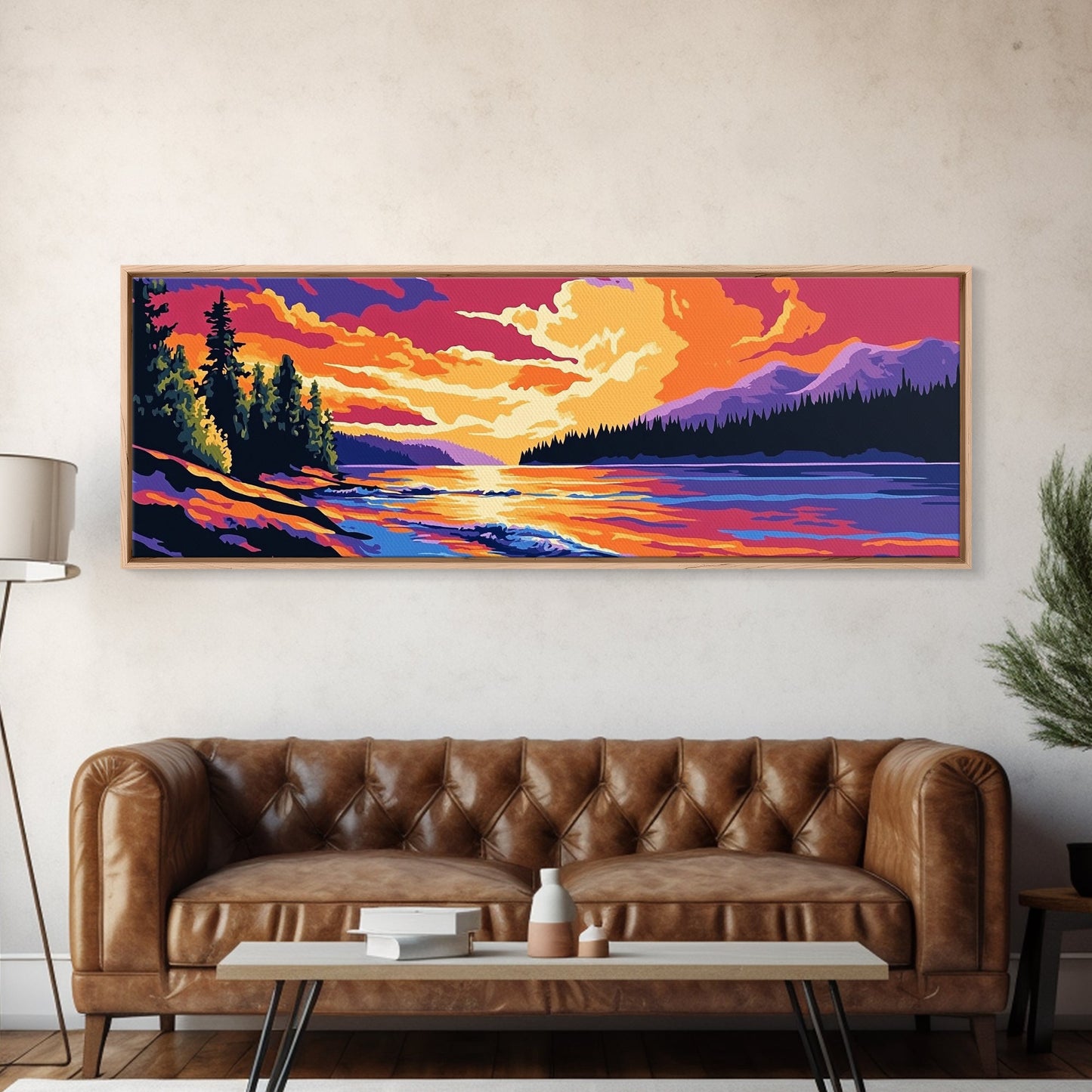 River Sunset, pine forest, mountain landscape, nature decor, cabin retreat, Fall Wall Art, Canvas Print, Framed Canvas Print