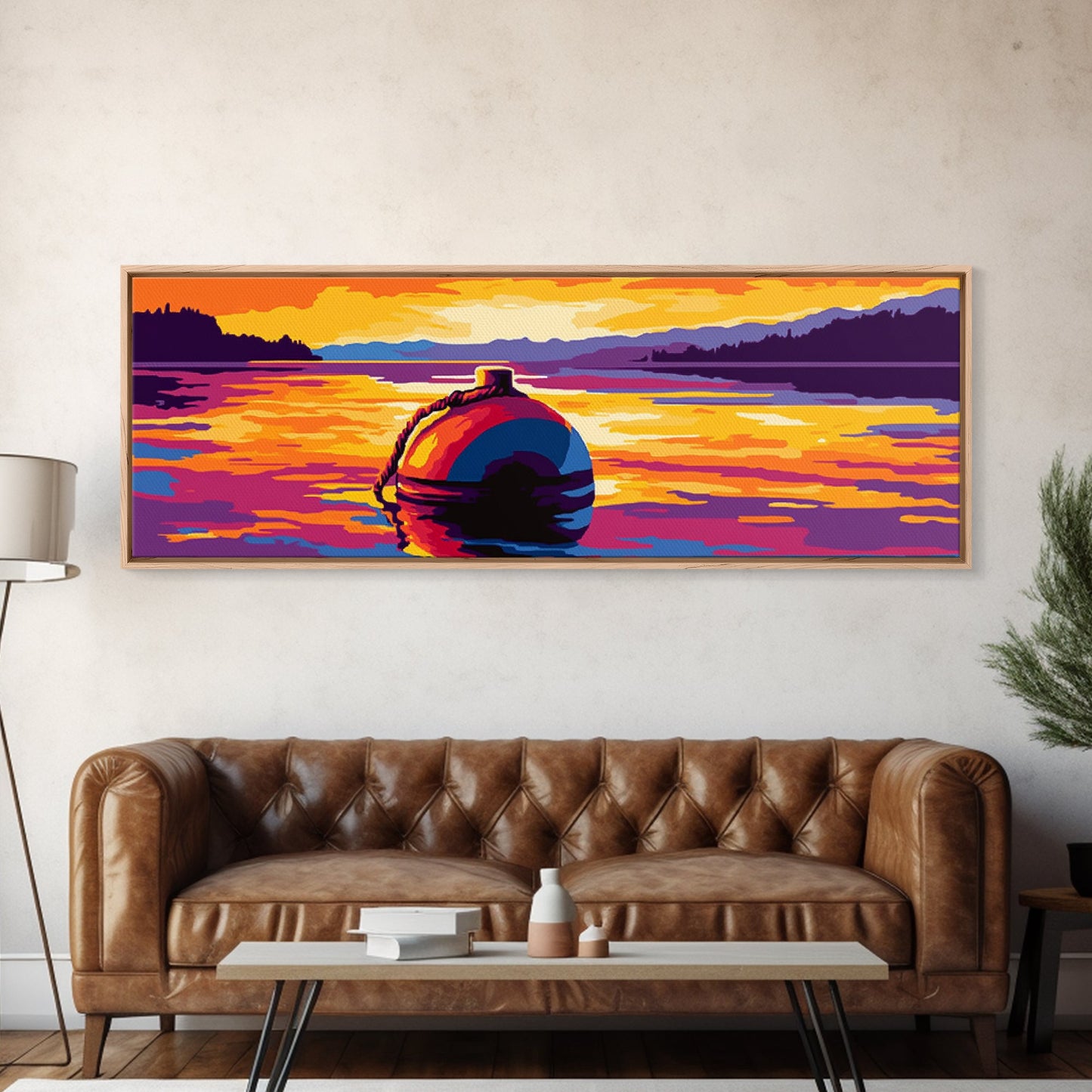 Floating Buoy, Lake Scene, Nautical Wall Art, Vibrant Water Reflection, Framed Canvas Print, Rustic Cabin Decor, Bold Seascape Art