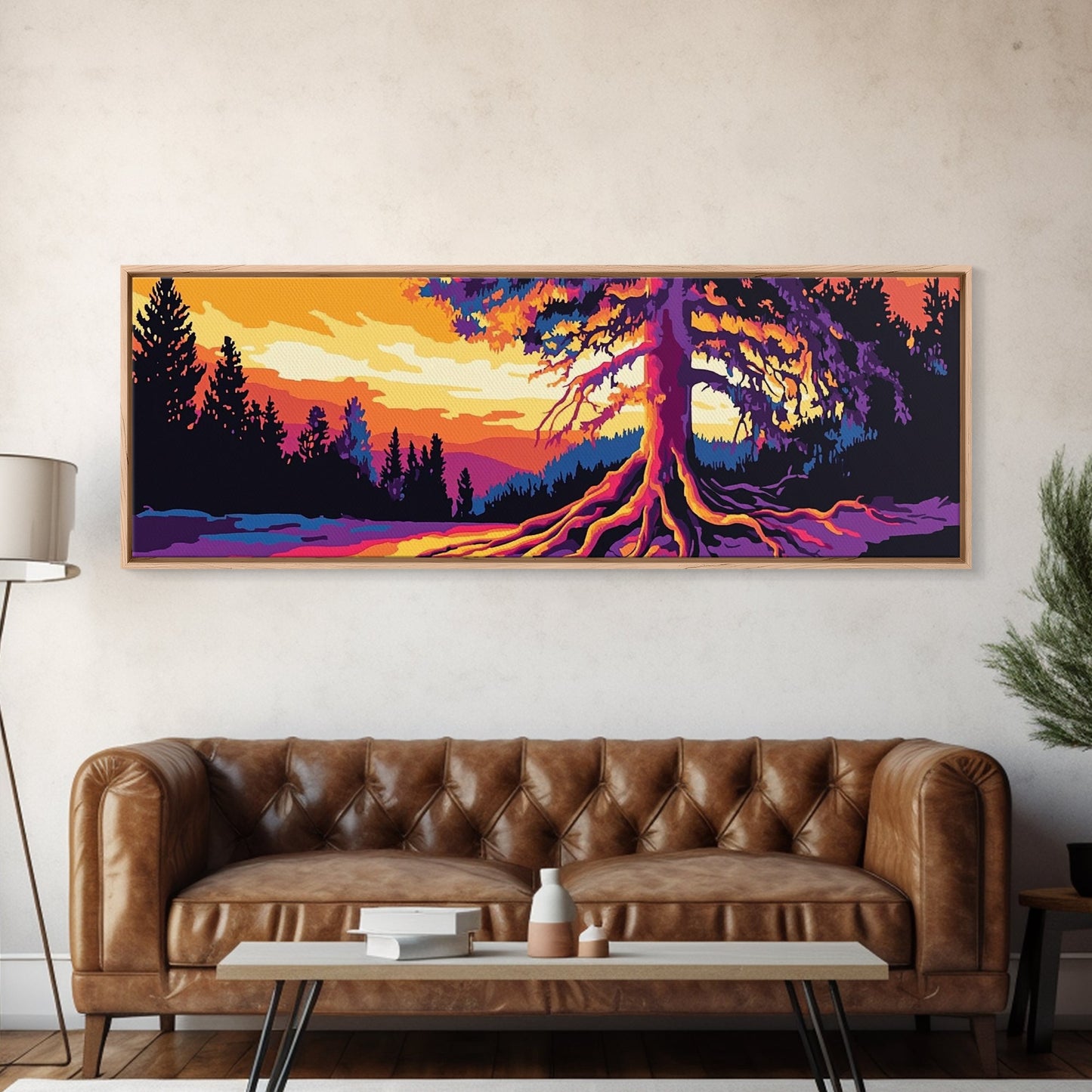 Lebendiger Baum, Sonnenuntergangsmotiv, gerahmter Leinwanddruck, Natur-Wanddeko, psychedelische Kunst, Boho-Landschaft, großes Wandbild, Bürodekoration