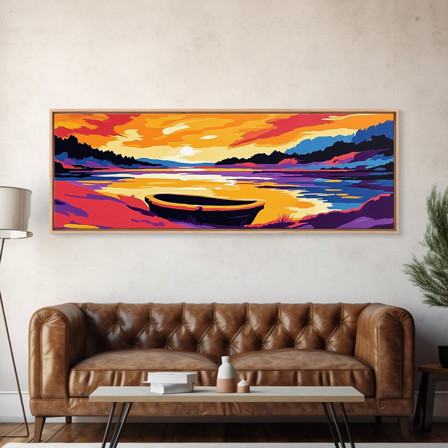 Sunset Boat, Serene Lake, Framed Canvas Print, Tranquil Water Art, Calm Landscape, Warm Color Palette, Boho Home Decor, Bedroom Wall Art