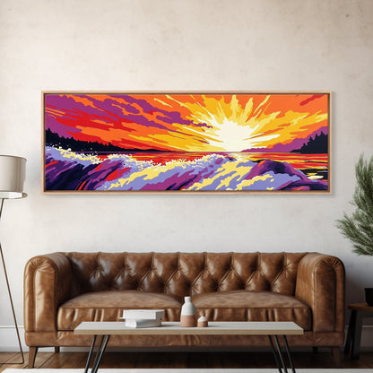 Ocean Waves, Fiery Sunset, Framed Canvas Print, Bold Seascape Art, Nature Scene, Coastal Home Decor, Modern Wall Art, Office Decor