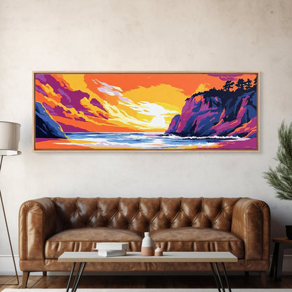 Cliffside Beach, Ocean Waves, Sunset Paradise, Framed Canvas Print, Coastal Landscape Art, Relaxing Home Decor, Vibrant Summer Vibes