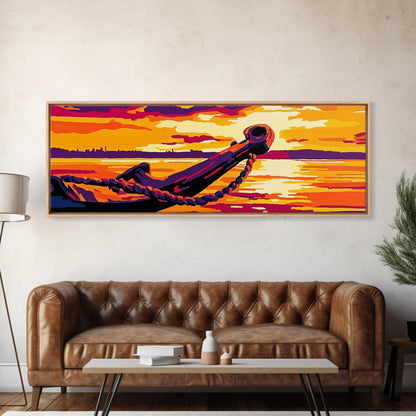Nautical Anchor, Golden Sunset, Ocean View, Canvas Print, Coastal Home Decor, Vibrant Seascape, Beach Wall Art, Bold Nautical Art