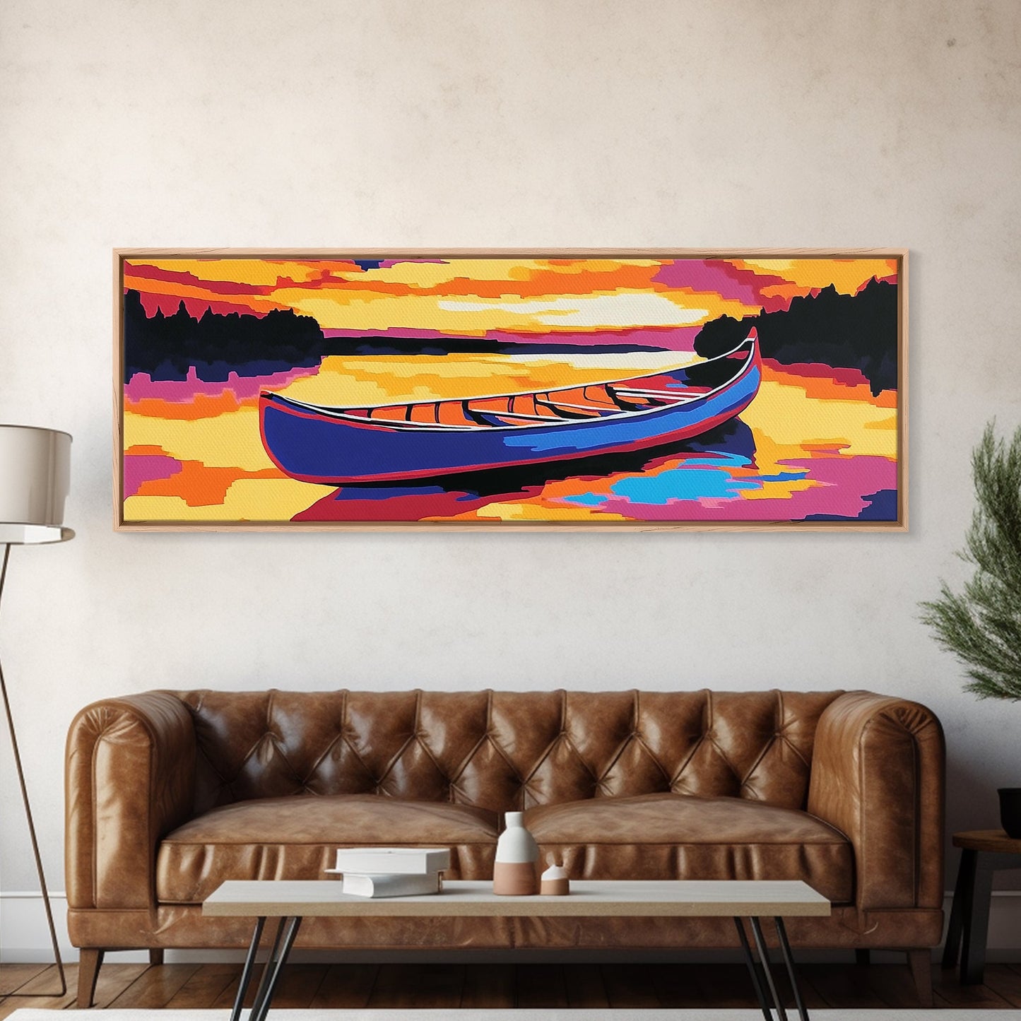 Canoe, Sunset, Water, Framed Canvas Print, Vibrant Lake Art, Nature Wall Art, Rustic Decor, Adventure Art, Cabin Wall Art, Autumn Artwork