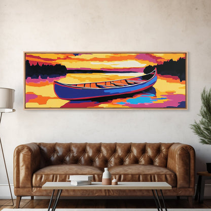 Canoe, Sunset, Water, Framed Canvas Print, Vibrant Lake Art, Nature Wall Art, Rustic Decor, Adventure Art, Cabin Wall Art, Autumn Artwork