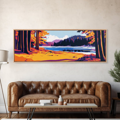 Autumn Forest, Lake View, Rustic Cabin Decor, Nature Lover Print, Fall Season Art, Framed Canvas Print, Cozy Living Room Wall Art