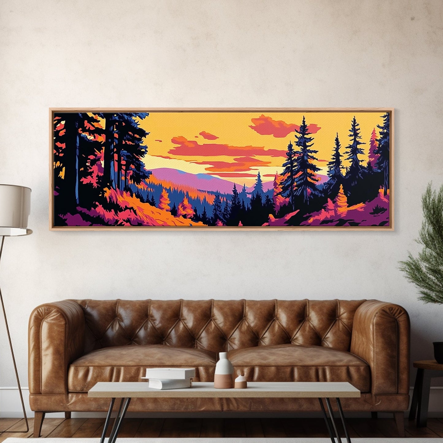 Pine Tree Landscape, Autumn Wilderness Art, Cozy Nature Decor, Warm Sunset Tones, Rustic Cabin Accent, Woodland Aesthetic, Canvas Print