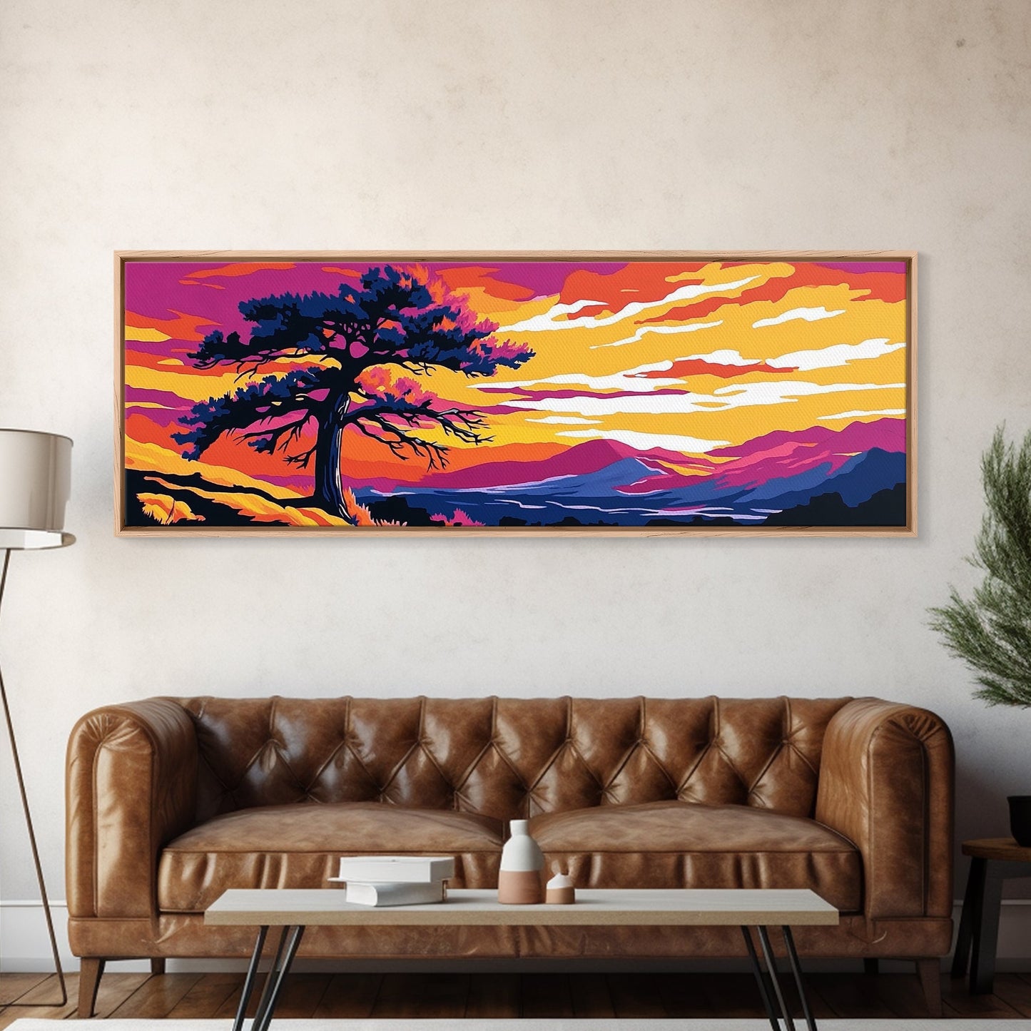 Lone Tree Art, Sonnenuntergangslandschaft, Naturwanddeko, Bergblick, Rustikale Wohnkunst, Südwest-Ästhetik, Großes Wandbild, Leinwanddruck