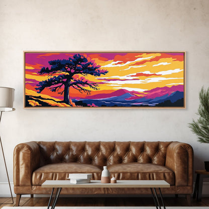 Lone Tree Art, Sonnenuntergangslandschaft, Naturwanddeko, Bergblick, Rustikale Wohnkunst, Südwest-Ästhetik, Großes Wandbild, Leinwanddruck