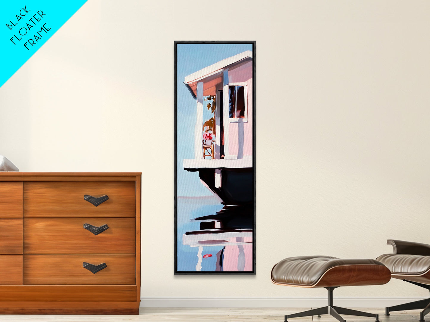 Houseboat Reflection, Nautical Canvas Print, Modern Coastal Wall Art, Serene Home Decor, Minimalist Living Room Artwork, Ocean Aesthetic