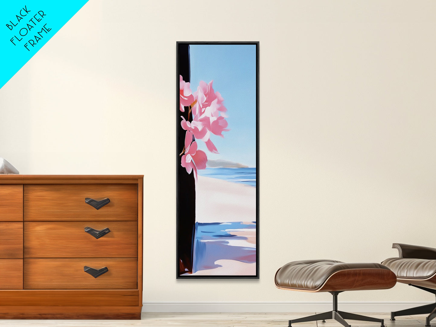 Blossom Beach, Floral Coastal Art, Pink and Blue Decor, Modern Seascape, Romantic Spring Aesthetic, Dreamy Nature Scene, Canvas Print