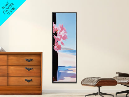 Blossom Beach, Floral Coastal Art, Pink and Blue Decor, Modern Seascape, Romantic Spring Aesthetic, Dreamy Nature Scene, Canvas Print