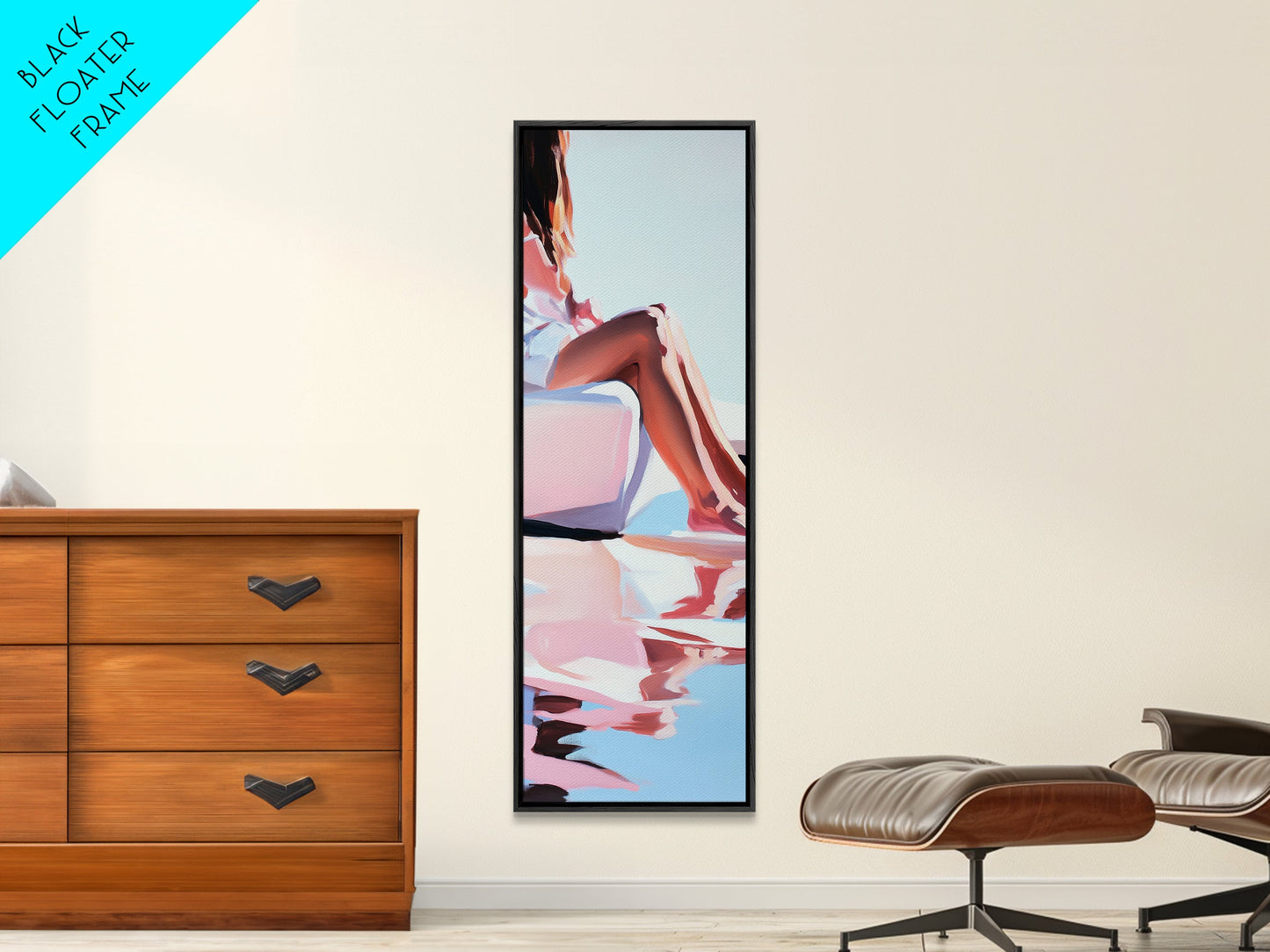 Sonniger Pool, elegante Frauenkunst, minimalistische feminine Dekoration, Sommergemälde, warme und ruhige Ästhetik, gerahmter Leinwanddruck