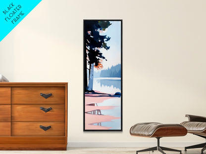 Misty Forest View, Tranquil Lake Painting, Atmospheric Nature Art, Minimalist Tree Reflection, Cozy Cabin Decor, Framed Canvas Print