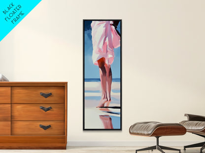 Barefoot Beach Walk, Pink Dress, Coastal Elegance, Framed Canvas Print, Summer Art, Bedroom or Entryway Decor, Relaxing Aesthetic
