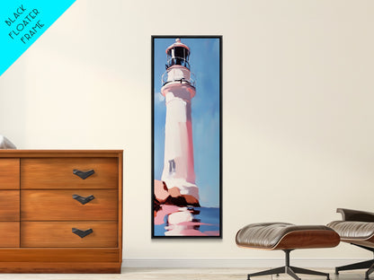 Lighthouse, Pink Sky, Nautical, Coastal Wall Art, Beach Home Decor, Ocean Painting, Modern Seascape, Framed Canvas Print
