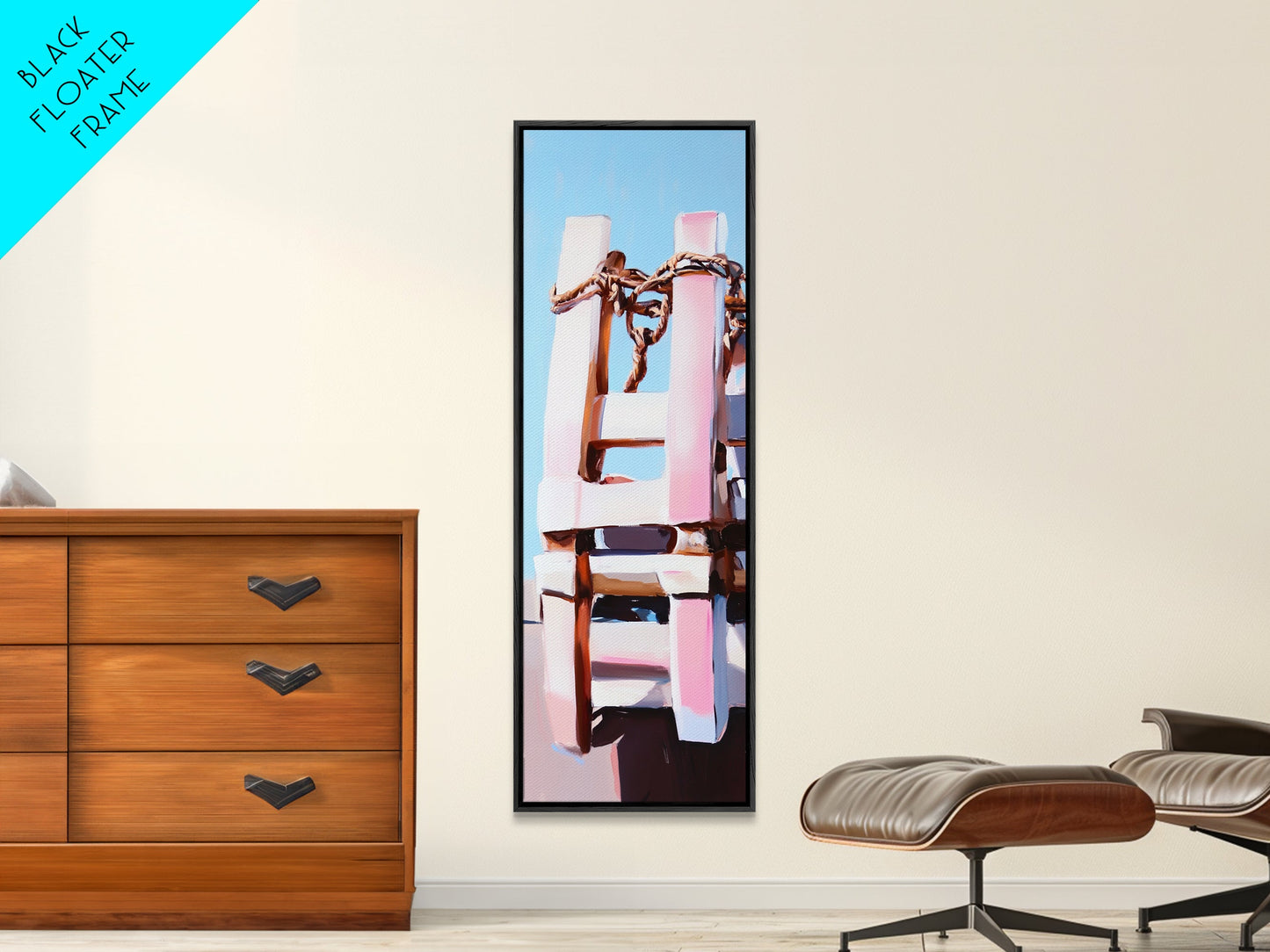Nautical Ladder, Rustic, Beach House Decor, Coastal Wall Art, Ocean Painting, Blue Tones, Minimalist Seascape, Canvas Print
