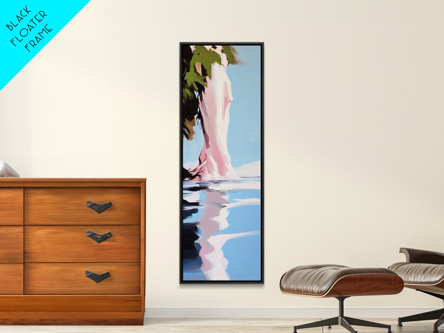 Wasserspiegelung, abstrakter Baum, surreale Natur, gerahmter Leinwanddruck, beruhigende Wandkunst, sanftes Blau und Rosa, Wandbild fürs Wohnzimmer