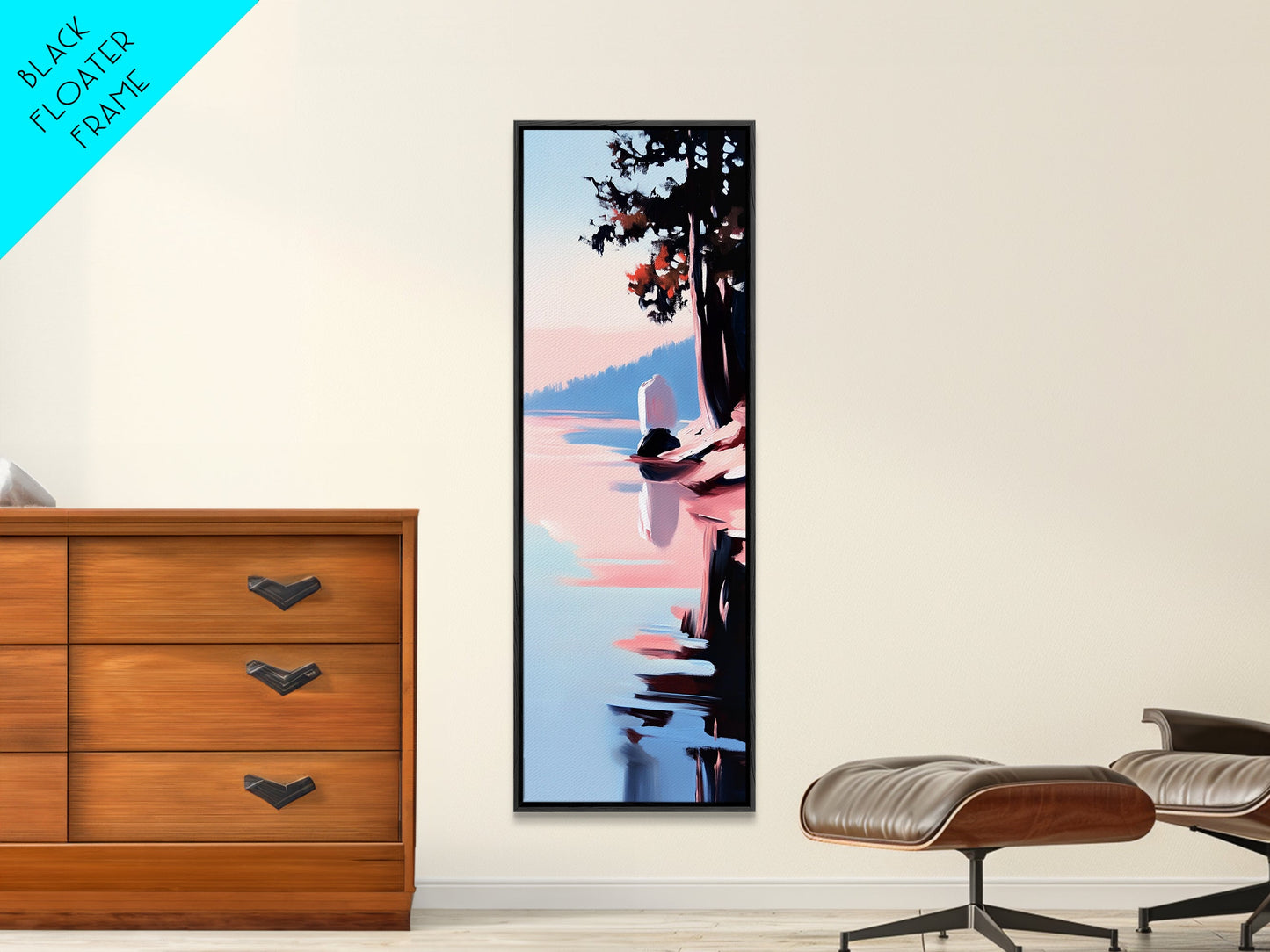 Seeufer-Ruhe, Stimmungsvolle Natur, Gerahmter Leinwanddruck, Moderne Wandkunst, Blau-Rosa-Gemälde, Wohnzimmer-Wandkunst