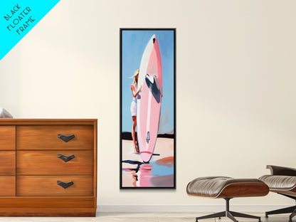 Surfbrett-Mädchen, Sommerstrand, Küstenästhetik, Leinwanddruck, Boho-Wandkunst, Minimalistisches Gemälde, Wohnzimmerdeko, Geschenk, Pastell