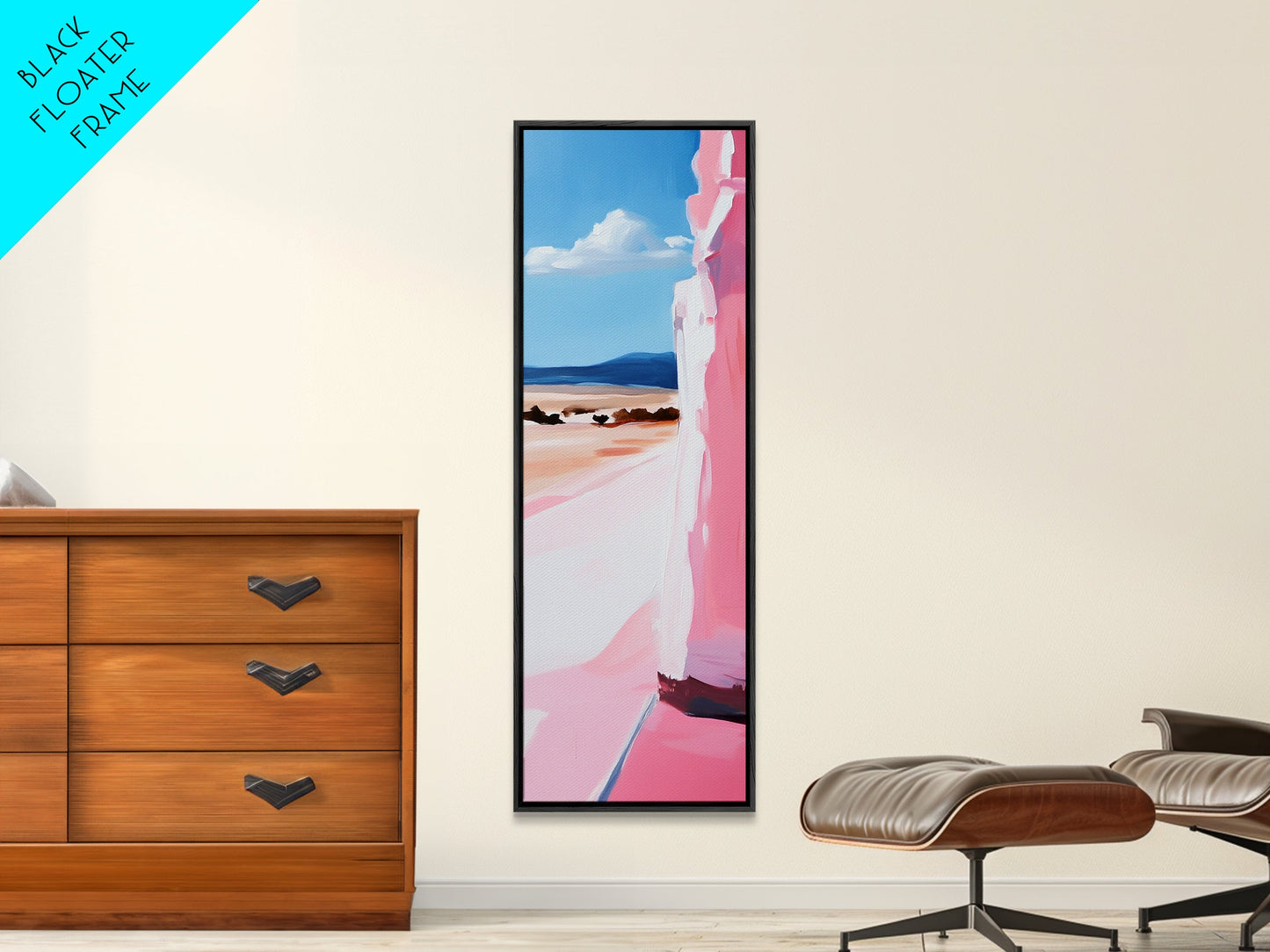 Pink Cliff, Ocean View, Tranquil Beach, Framed Canvas Print, Coastal Wall Art, Minimalist Painting, Living Room Decor, Gift, Blue