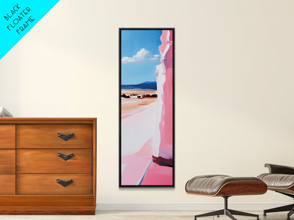 Pink Cliff, Ocean View, Tranquil Beach, Framed Canvas Print, Coastal Wall Art, Minimalist Painting, Living Room Decor, Gift, Blue
