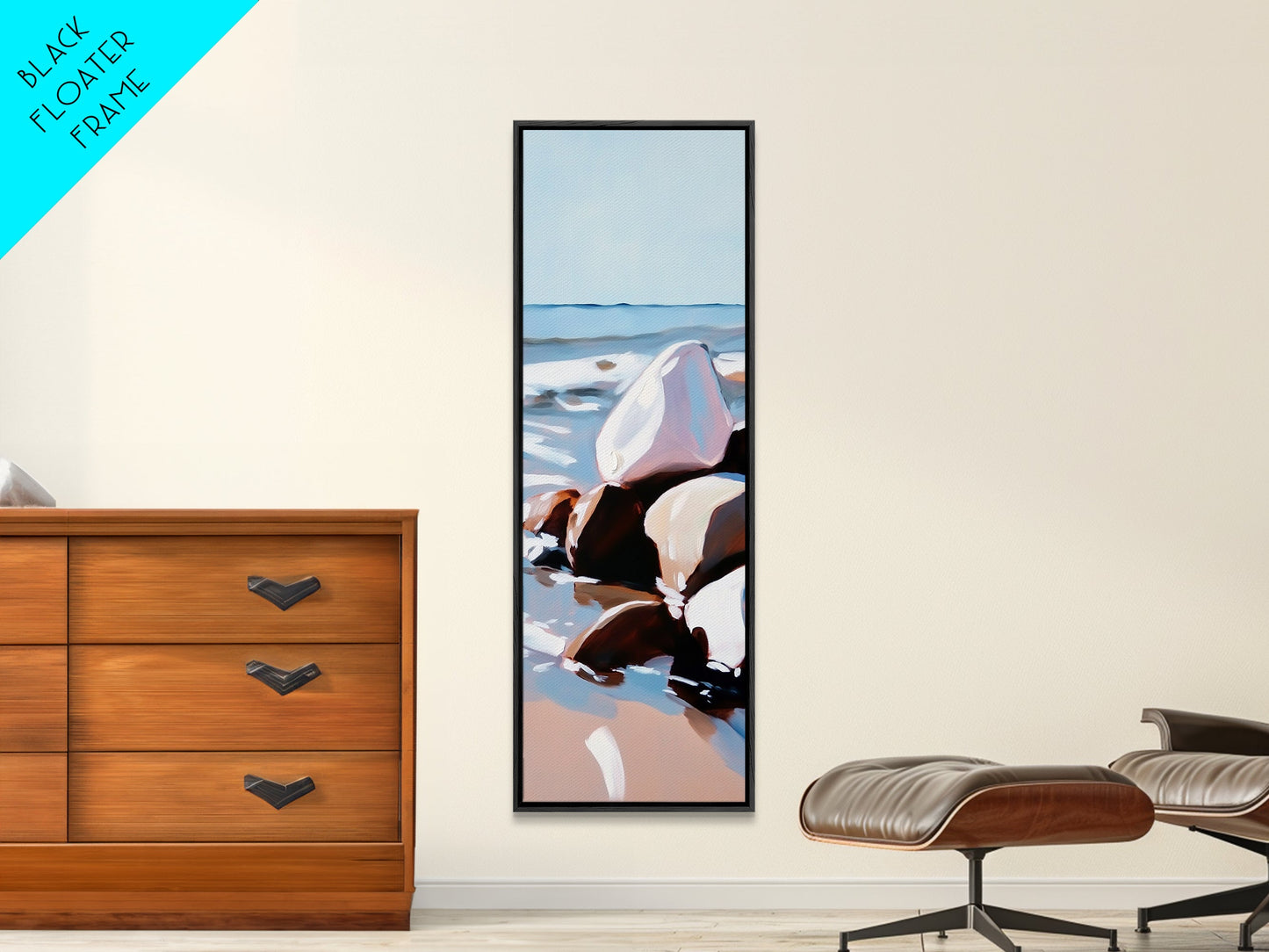 Ocean Rocks, Serene Shore, Tranquil View, Framed Canvas Print, Coastal Wall Art, Minimalist Painting, Bathroom Decor, Zen Art, Gift
