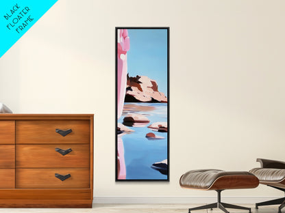 Rocky Shore, Lake Scene, Tranquil Nature Painting, Framed Canvas Print, Serene Water Reflection, Earthy Coastal Art, Living Room Decor