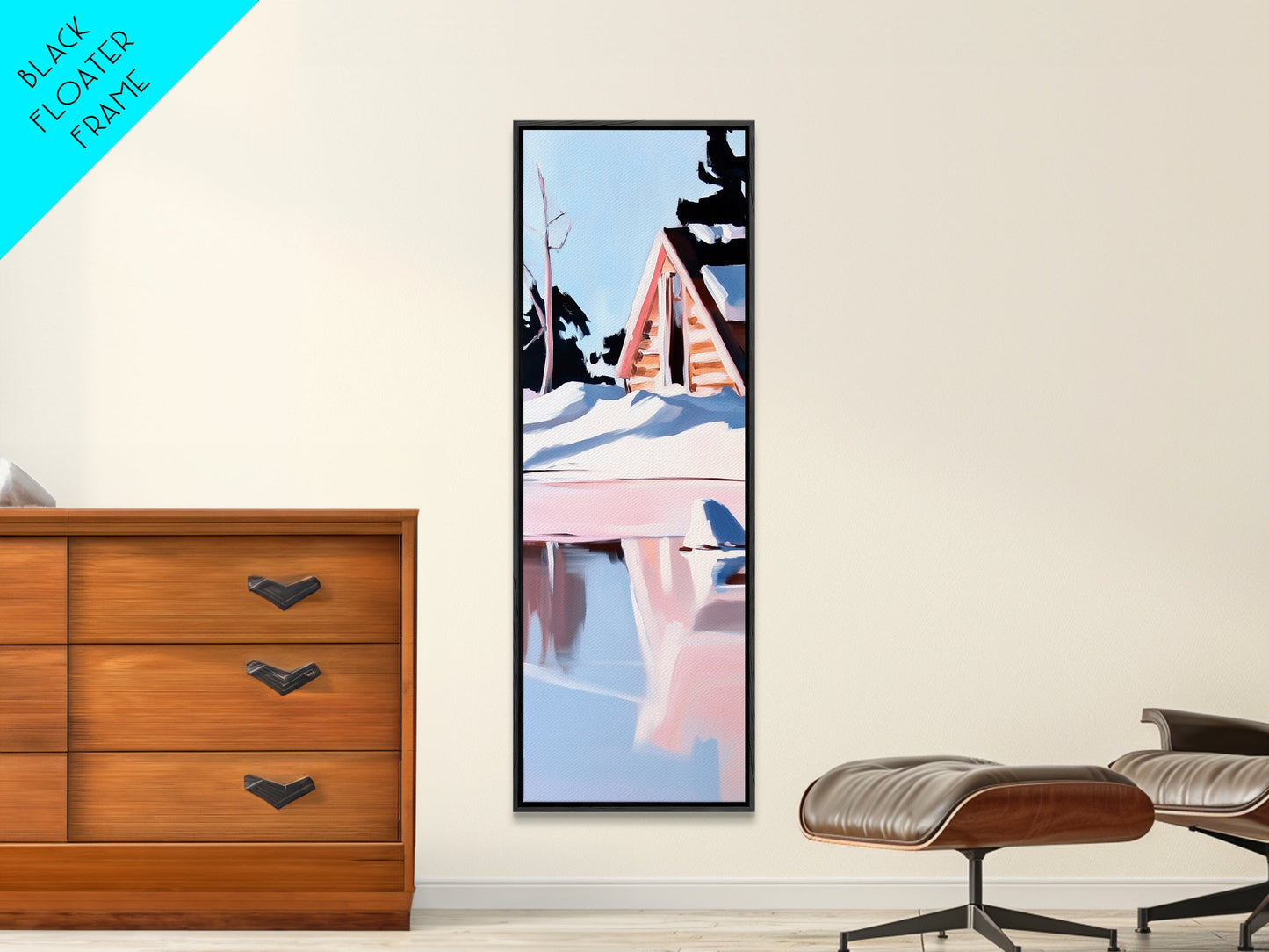 Winterhütte, verschneite Spiegelungen, gerahmter Leinwanddruck, gemütliches rustikales Wandbild, nordische Ästhetik, minimalistische Landschaft, Schlafzimmerdekoration