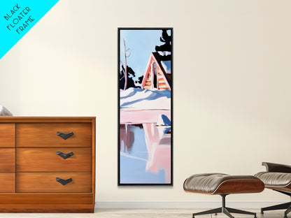 Winterhütte, verschneite Spiegelungen, gerahmter Leinwanddruck, gemütliches rustikales Wandbild, nordische Ästhetik, minimalistische Landschaft, Schlafzimmerdekoration